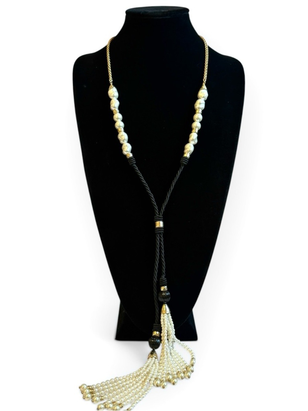 CHICO'S Black Rope Pearl Tassel Necklace Signed